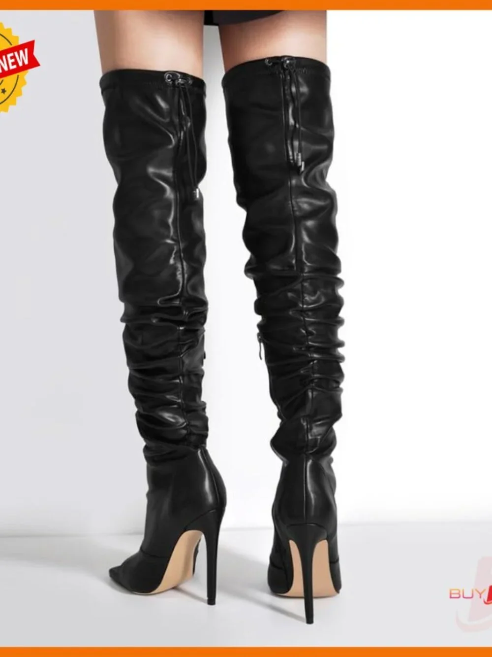 Stiletto Heel Over-the-Knee Boots with Zipper Closure and Rhinestone Lace-Up